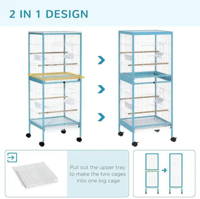 Alt view image 3 of 7 - PawHut Large Bird Cage 1.7 ft. Width for Wingspan 55", Light Blue | Bird Aviary Indoor, Multi-Door Design, Fit for a Canary, Finch, Conure