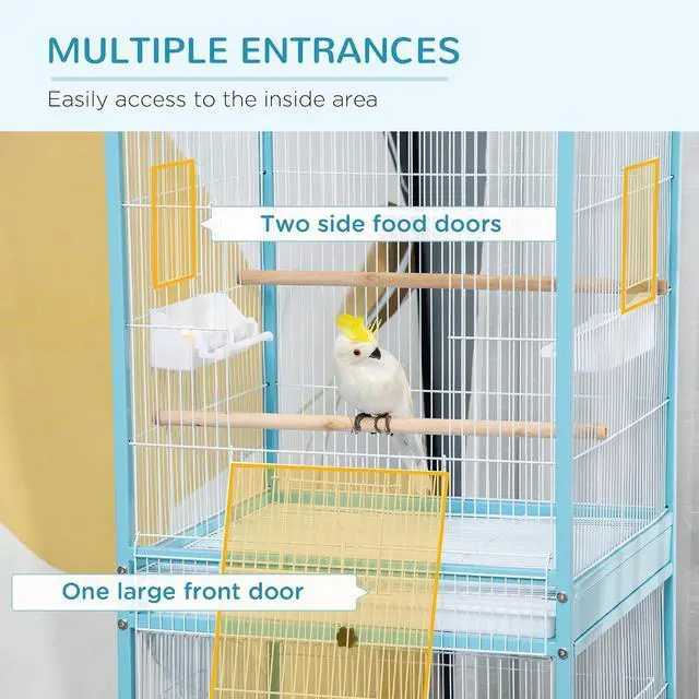 Alt view image 4 of 7 - PawHut Large Bird Cage 1.7 ft. Width for Wingspan 55", Light Blue | Bird Aviary Indoor, Multi-Door Design, Fit for a Canary, Finch, Conure