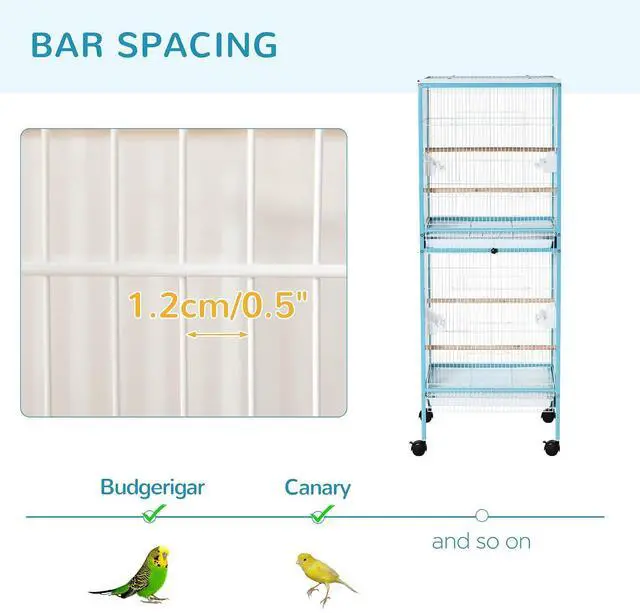 Alt view image 6 of 7 - PawHut Large Bird Cage 1.7 ft. Width for Wingspan 55", Light Blue | Bird Aviary Indoor, Multi-Door Design, Fit for a Canary, Finch, Conure