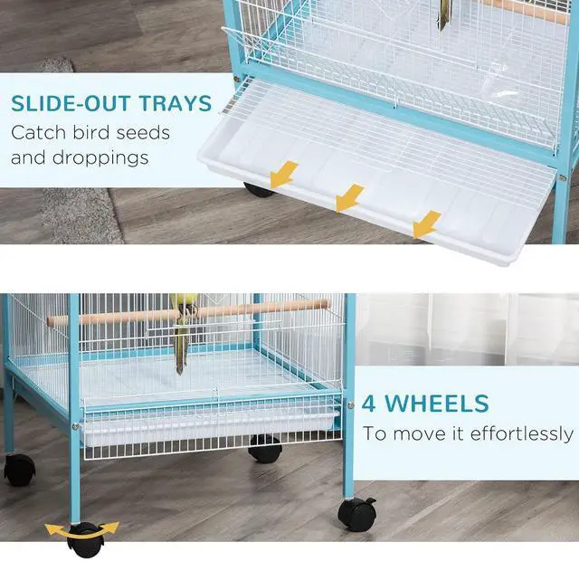 Alt view image 5 of 7 - PawHut Large Bird Cage 1.7 ft. Width for Wingspan 55", Light Blue | Bird Aviary Indoor, Multi-Door Design, Fit for a Canary, Finch, Conure