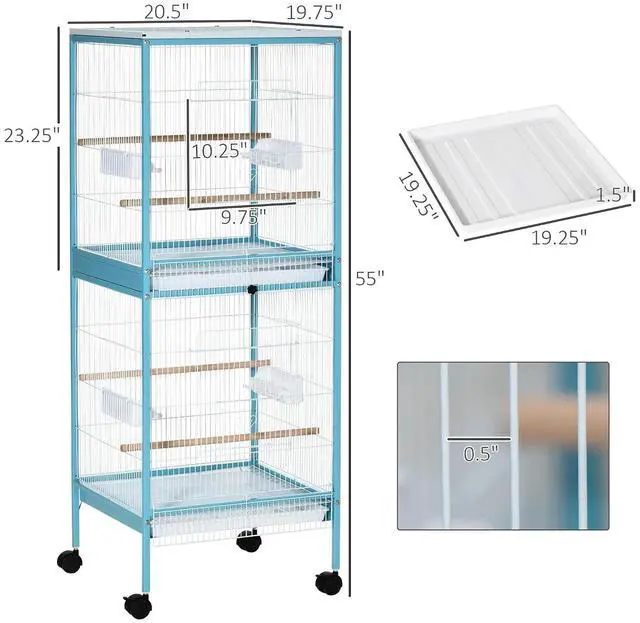 Alt view image 7 of 7 - PawHut Large Bird Cage 1.7 ft. Width for Wingspan 55", Light Blue | Bird Aviary Indoor, Multi-Door Design, Fit for a Canary, Finch, Conure