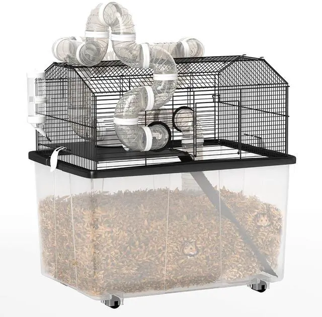 Main image of PawHut Large Hamster Cage, 12" Deep Tray, Tube System 23" x 17" x 22" Black | 2 Tier Gerbil Cage, Water Bottle, Ramp, Feeding Bowl