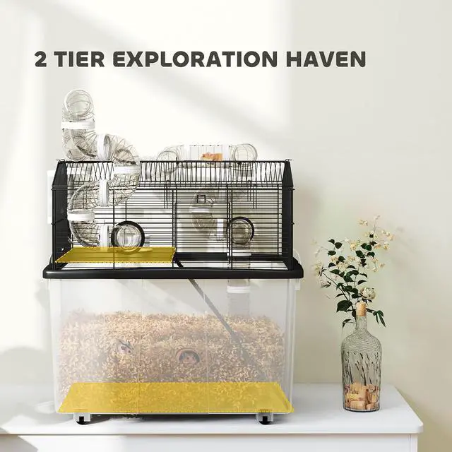 Alt view image 3 of 7 - PawHut Large Hamster Cage, 12" Deep Tray, Tube System 23" x 17" x 22" Black | 2 Tier Gerbil Cage, Water Bottle, Ramp, Feeding Bowl