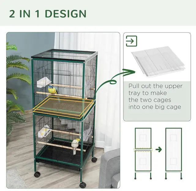 Alt view image 3 of 7 - PawHut Large Bird Cage 1.7 ft. Width for Wingspan 55", Green | Bird Aviary Indoor, Multi-Door Design, Fit for a Canary, Finch, Conure