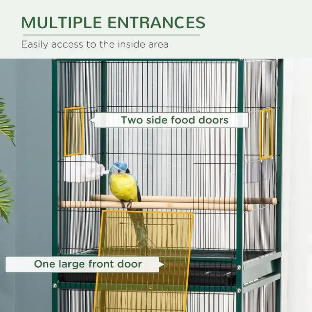 Alt view image 4 of 7 - PawHut Large Bird Cage 1.7 ft. Width for Wingspan 55", Green | Bird Aviary Indoor, Multi-Door Design, Fit for a Canary, Finch, Conure
