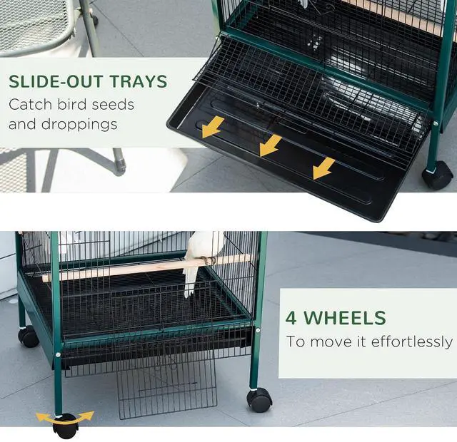 Alt view image 5 of 7 - PawHut Large Bird Cage 1.7 ft. Width for Wingspan 55", Green | Bird Aviary Indoor, Multi-Door Design, Fit for a Canary, Finch, Conure