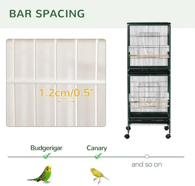 Alt view image 6 of 7 - PawHut Large Bird Cage 1.7 ft. Width for Wingspan 55", Green | Bird Aviary Indoor, Multi-Door Design, Fit for a Canary, Finch, Conure
