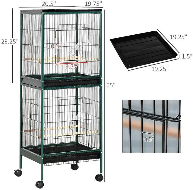 Alt view image 7 of 7 - PawHut Large Bird Cage 1.7 ft. Width for Wingspan 55", Green | Bird Aviary Indoor, Multi-Door Design, Fit for a Canary, Finch, Conure