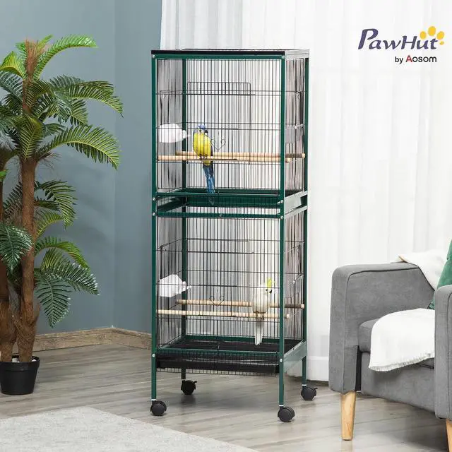 Alt view image 2 of 7 - PawHut Large Bird Cage 1.7 ft. Width for Wingspan 55", Green | Bird Aviary Indoor, Multi-Door Design, Fit for a Canary, Finch, Conure
