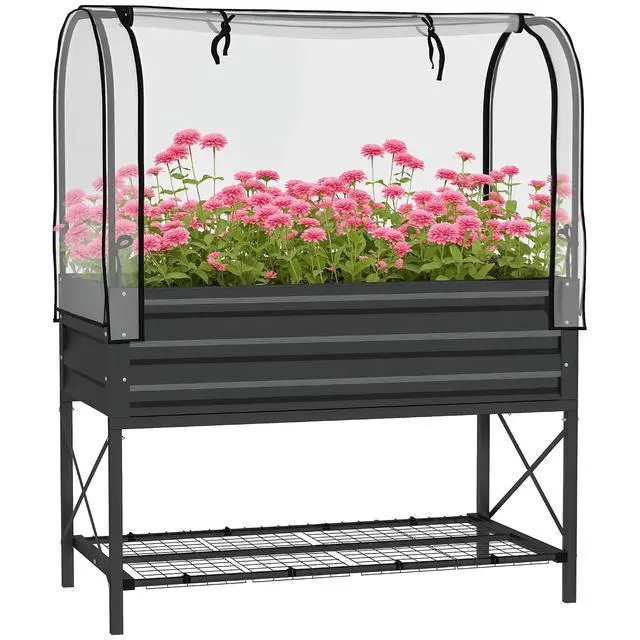 Main image of Raised Garden Bed with Cover and Storage Shelf, Black | Rectangular Metal Elevated Planter Box with Legs, Bed Liner, for Vegetables, Flowers, Herbs