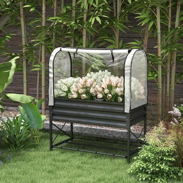 Alt view image 2 of 7 - Raised Garden Bed with Cover and Storage Shelf, Black | Rectangular Metal Elevated Planter Box with Legs, Bed Liner, for Vegetables, Flowers, Herbs