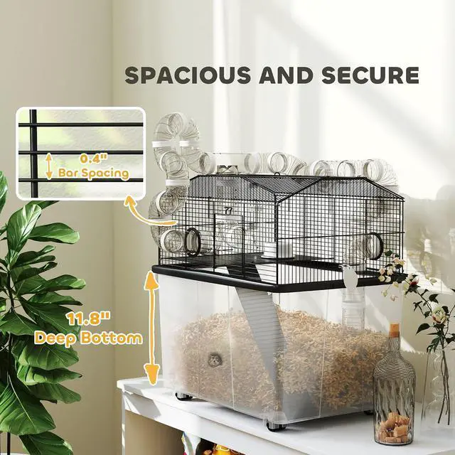 Alt view image 4 of 7 - PawHut Large Hamster Cage, 12" Deep Tray, Tube System 23" x 17" x 22" Black | 2 Tier Gerbil Cage, Water Bottle, Ramp, Feeding Bowl