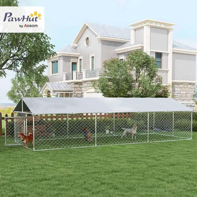 Alt view image 2 of 7 - PawHut Outdoor Dog Kennel, Heavy Duty Dog Run Outdoor Fence with Waterproof Cover, Galvanized Chain Link, Secure Lock, for Large Sized Breeds, Chickens, Ducks, 20' x 7.5' x 5'