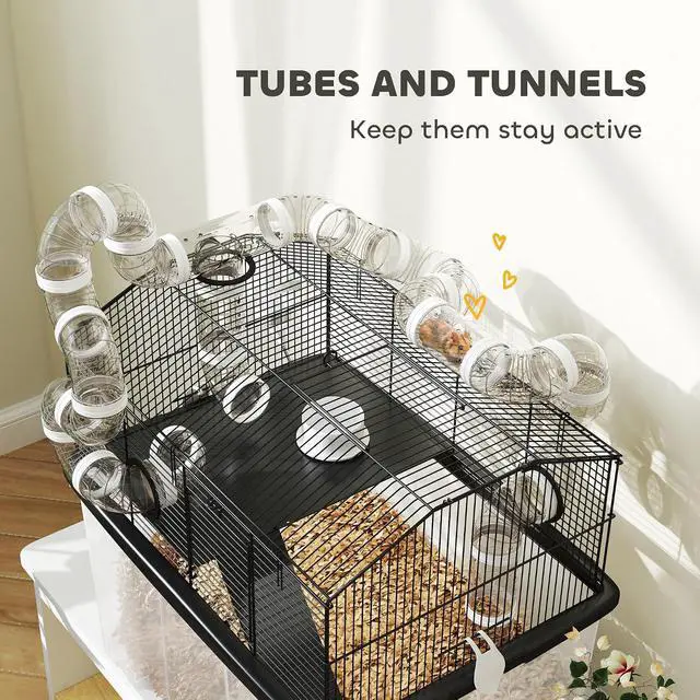 Alt view image 5 of 7 - PawHut Large Hamster Cage, 12" Deep Tray, Tube System 23" x 17" x 22" Black | 2 Tier Gerbil Cage, Water Bottle, Ramp, Feeding Bowl