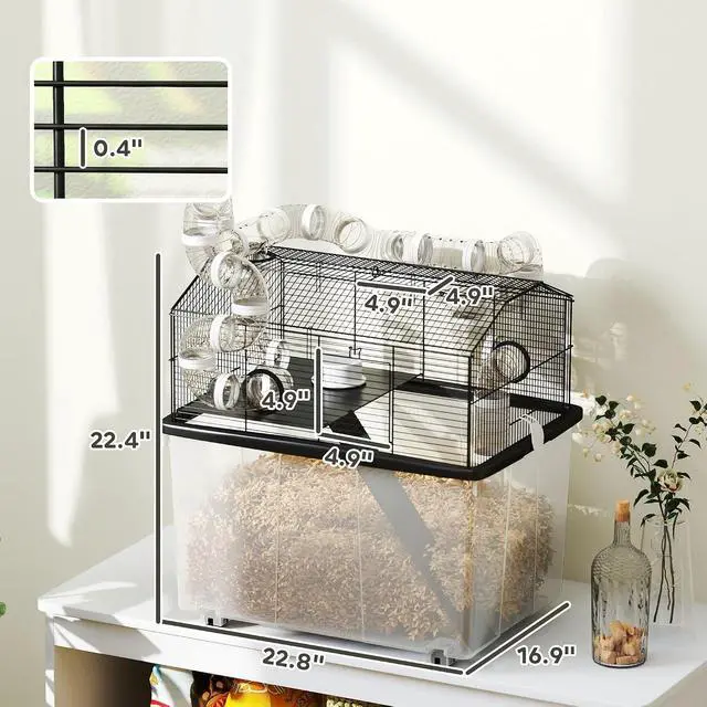 Alt view image 7 of 7 - PawHut Large Hamster Cage, 12" Deep Tray, Tube System 23" x 17" x 22" Black | 2 Tier Gerbil Cage, Water Bottle, Ramp, Feeding Bowl