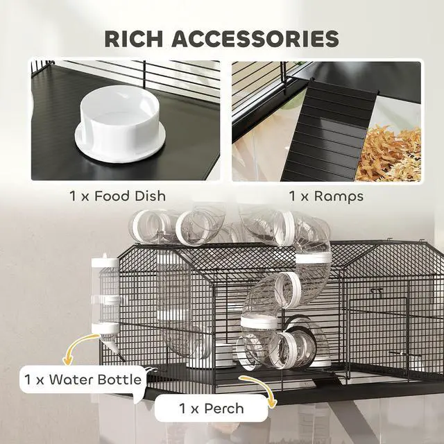 Alt view image 6 of 7 - PawHut Large Hamster Cage, 12" Deep Tray, Tube System 23" x 17" x 22" Black | 2 Tier Gerbil Cage, Water Bottle, Ramp, Feeding Bowl