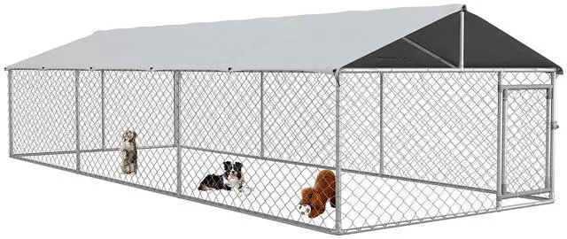 Main image of PawHut Outdoor Dog Kennel, Heavy Duty Dog Run Outdoor Fence with Waterproof Cover, Galvanized Chain Link, Secure Lock, for Large Sized Breeds, Chickens, Ducks, 20' x 7.5' x 5'