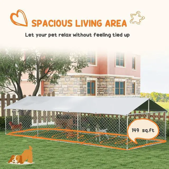Alt view image 4 of 7 - PawHut Outdoor Dog Kennel, Heavy Duty Dog Run Outdoor Fence with Waterproof Cover, Galvanized Chain Link, Secure Lock, for Large Sized Breeds, Chickens, Ducks, 20' x 7.5' x 5'