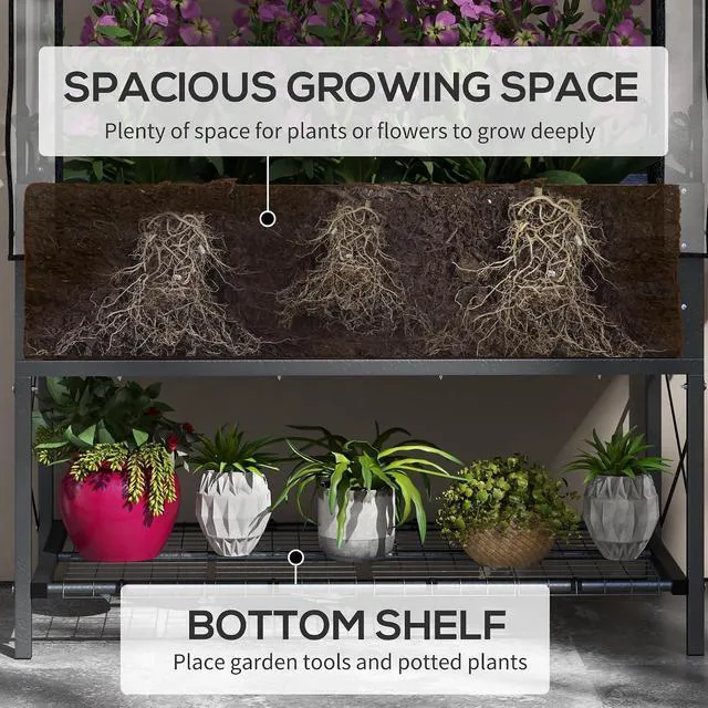 Alt view image 4 of 7 - Raised Garden Bed with Cover and Storage Shelf, Black | Rectangular Metal Elevated Planter Box with Legs, Bed Liner, for Vegetables, Flowers, Herbs