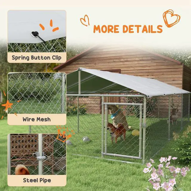 Alt view image 6 of 7 - PawHut Outdoor Dog Kennel, Heavy Duty Dog Run Outdoor Fence with Waterproof Cover, Galvanized Chain Link, Secure Lock, for Large Sized Breeds, Chickens, Ducks, 20' x 7.5' x 5'