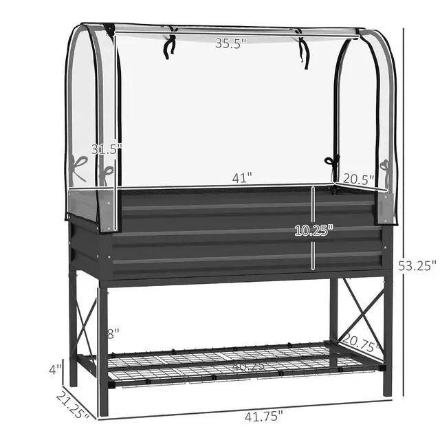 Alt view image 7 of 7 - Raised Garden Bed with Cover and Storage Shelf, Black | Rectangular Metal Elevated Planter Box with Legs, Bed Liner, for Vegetables, Flowers, Herbs