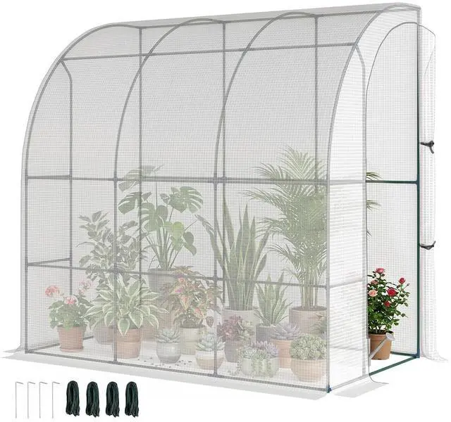 Main image of 7' x 4' x 7' Outdoor Lean to Greenhouse Walk-in Green House White | Plant Nursery, Roll-up Window, PE Cover