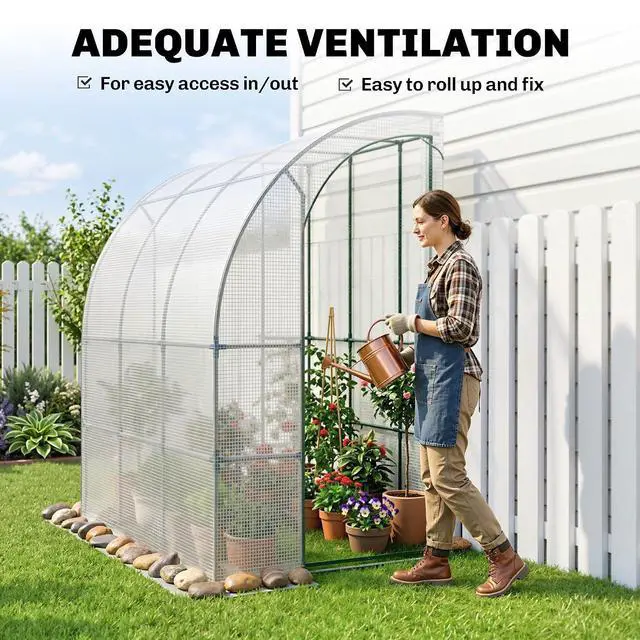 Alt view image 5 of 7 - 7' x 4' x 7' Outdoor Lean to Greenhouse Walk-in Green House White | Plant Nursery, Roll-up Window, PE Cover