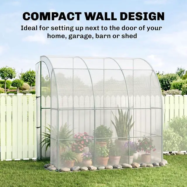 Alt view image 4 of 7 - 7' x 4' x 7' Outdoor Lean to Greenhouse Walk-in Green House White | Plant Nursery, Roll-up Window, PE Cover