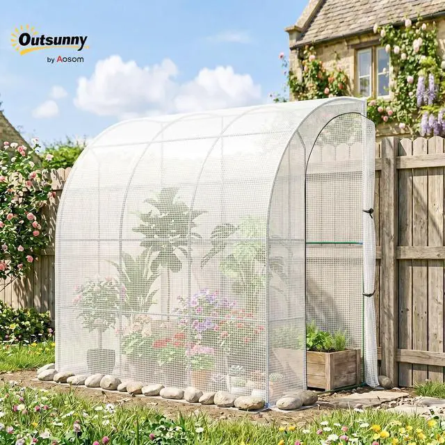 Alt view image 2 of 7 - 7' x 4' x 7' Outdoor Lean to Greenhouse Walk-in Green House White | Plant Nursery, Roll-up Window, PE Cover