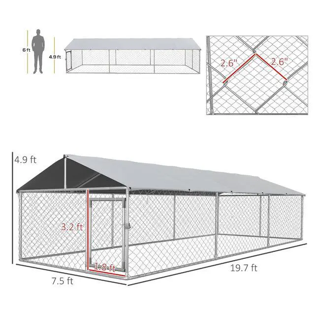 Alt view image 7 of 7 - PawHut Outdoor Dog Kennel, Heavy Duty Dog Run Outdoor Fence with Waterproof Cover, Galvanized Chain Link, Secure Lock, for Large Sized Breeds, Chickens, Ducks, 20' x 7.5' x 5'