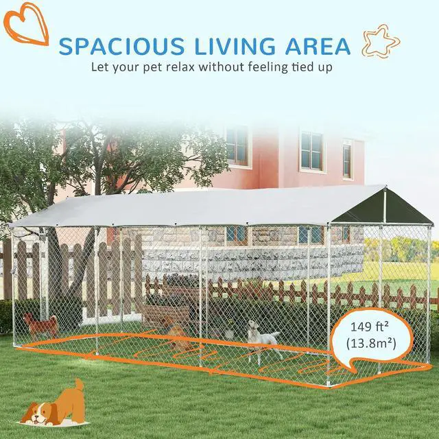Alt view image 4 of 7 - PawHut Outdoor Dog Kennel for Large Breeds 20' x 7.5' x 6.5' | Heavy Duty Dog Run Outdoor Fence, Waterproof Cover, Galvanized Chain Link, Secure Lock, for Chickens, Ducks
