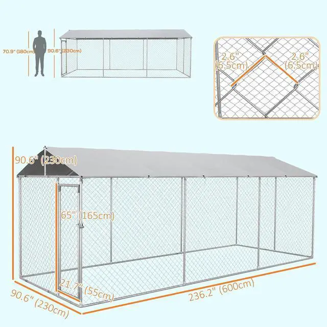 Alt view image 7 of 7 - PawHut Outdoor Dog Kennel for Large Breeds 20' x 7.5' x 6.5' | Heavy Duty Dog Run Outdoor Fence, Waterproof Cover, Galvanized Chain Link, Secure Lock, for Chickens, Ducks