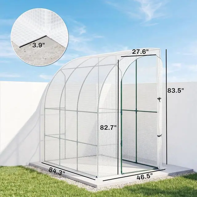 Alt view image 7 of 7 - 7' x 4' x 7' Outdoor Lean to Greenhouse Walk-in Green House White | Plant Nursery, Roll-up Window, PE Cover
