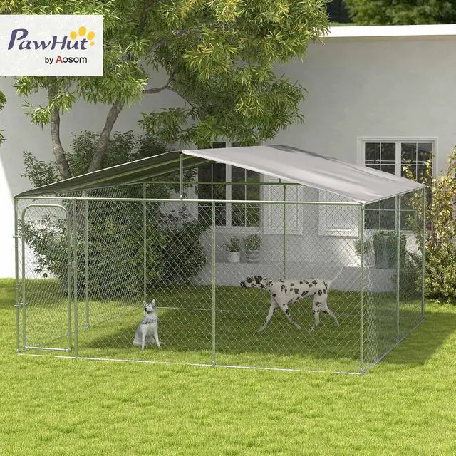 Alt view image 2 of 7 - PawHut Outdoor Dog Kennel for Large Breeds 13' x 13' x 7.5' | Heavy Duty Dog Run Outdoor Fence, Waterproof Cover, Galvanized Chain Link, Secure Lock, for Chickens, Ducks