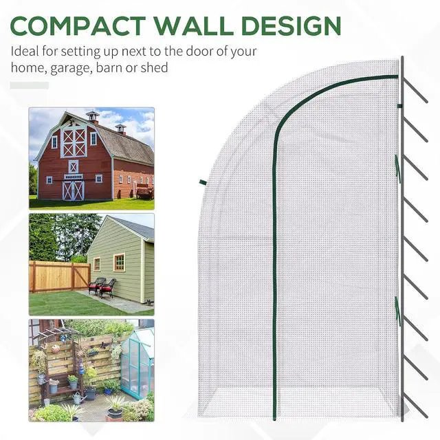 Alt view image 4 of 7 - 5' x 4' x 7' Outdoor Lean to Greenhouse Walk-in Green House White | Plant Nursery, Roll-up Window, PE Cover