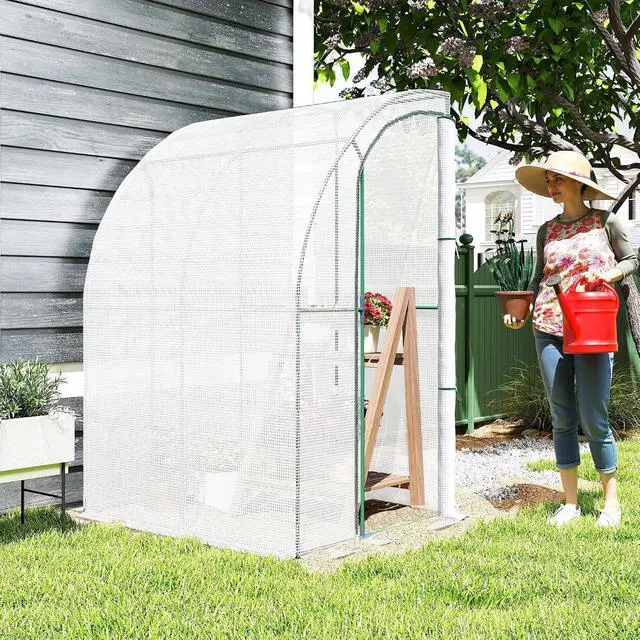 Alt view image 2 of 7 - 5' x 4' x 7' Outdoor Lean to Greenhouse Walk-in Green House White | Plant Nursery, Roll-up Window, PE Cover