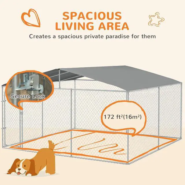 Alt view image 3 of 7 - PawHut Outdoor Dog Kennel for Large Breeds 13' x 13' x 7.5' | Heavy Duty Dog Run Outdoor Fence, Waterproof Cover, Galvanized Chain Link, Secure Lock, for Chickens, Ducks