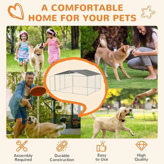 Alt view image 6 of 7 - PawHut Outdoor Dog Kennel for Large Breeds 13' x 13' x 7.5' | Heavy Duty Dog Run Outdoor Fence, Waterproof Cover, Galvanized Chain Link, Secure Lock, for Chickens, Ducks