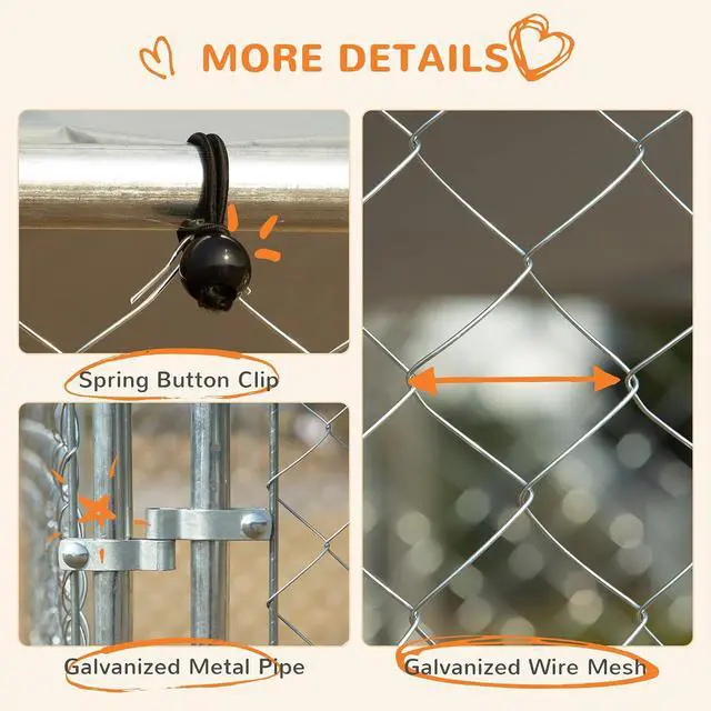 Alt view image 5 of 7 - PawHut Outdoor Dog Kennel for Large Breeds 13' x 13' x 7.5' | Heavy Duty Dog Run Outdoor Fence, Waterproof Cover, Galvanized Chain Link, Secure Lock, for Chickens, Ducks