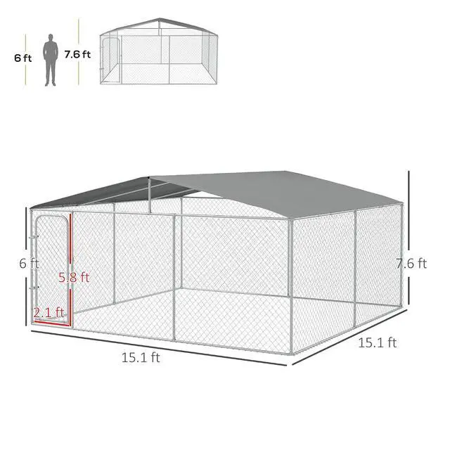 Alt view image 7 of 7 - PawHut Outdoor Dog Kennel Heavy Duty Fence for Large Breeds 15' x 15' x 7' | Dog Run Outdoor Fence, Waterproof Cover, Galvanized Chain Link, Secure Lock, for Chickens, Ducks