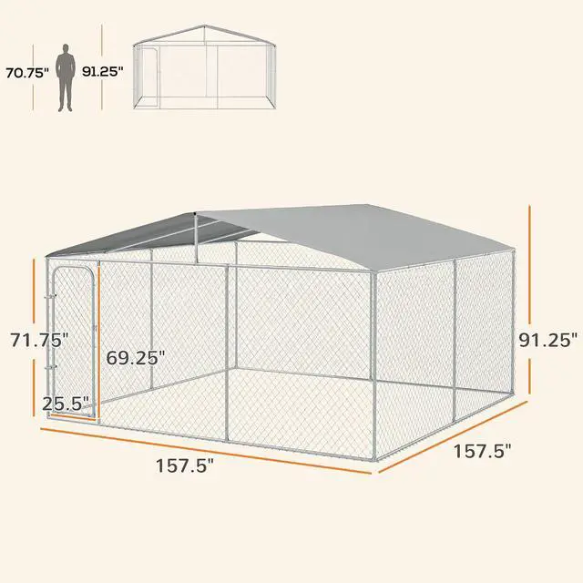 Alt view image 7 of 7 - PawHut Outdoor Dog Kennel for Large Breeds 13' x 13' x 7.5' | Heavy Duty Dog Run Outdoor Fence, Waterproof Cover, Galvanized Chain Link, Secure Lock, for Chickens, Ducks