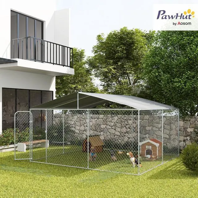 Alt view image 2 of 7 - PawHut Outdoor Dog Kennel Heavy Duty Fence for Large Breeds 15' x 15' x 7' | Dog Run Outdoor Fence, Waterproof Cover, Galvanized Chain Link, Secure Lock, for Chickens, Ducks