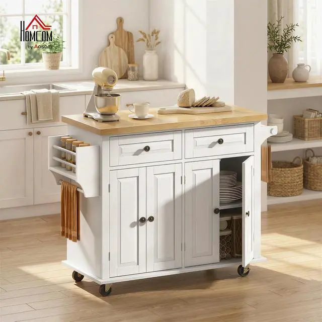 Alt view image 2 of 7 - Kitchen Island Cart with Solid Wood Top, 44" Mobile on Wheels White | Kitchen Island Table, Storage Cabinets, 2 Drawers, Adjustable Shelves, Spice Rack, Towel Bar, Dining Room