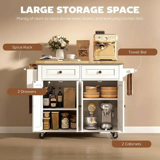 Alt view image 5 of 7 - Kitchen Island Cart with Solid Wood Top, 44" Mobile on Wheels White | Kitchen Island Table, Storage Cabinets, 2 Drawers, Adjustable Shelves, Spice Rack, Towel Bar, Dining Room