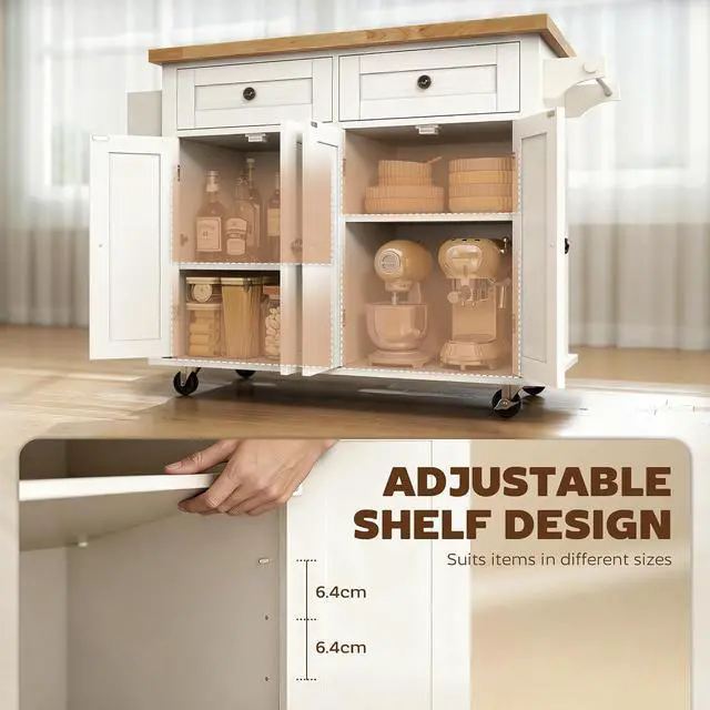 Alt view image 4 of 7 - Kitchen Island Cart with Solid Wood Top, 44" Mobile on Wheels White | Kitchen Island Table, Storage Cabinets, 2 Drawers, Adjustable Shelves, Spice Rack, Towel Bar, Dining Room