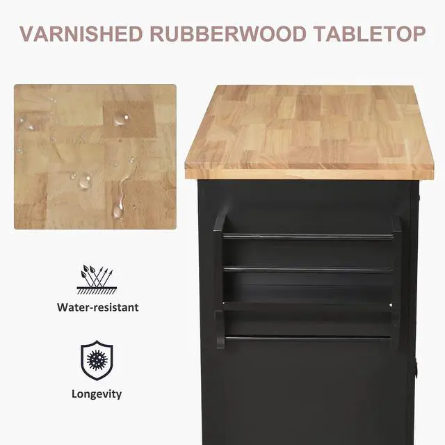 Alt view image 3 of 7 - Kitchen Island Cart with Solid Wood Top, 44" Mobile on Wheels, Black | Kitchen Island Table, Storage Cabinets, 2 Drawers, Adjustable Shelves, Spice Rack, Towel Bar, Dining Room