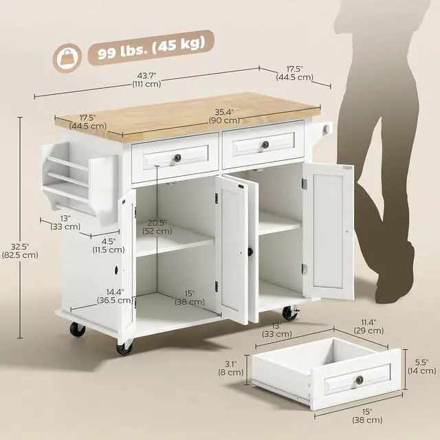 Alt view image 7 of 7 - Kitchen Island Cart with Solid Wood Top, 44" Mobile on Wheels White | Kitchen Island Table, Storage Cabinets, 2 Drawers, Adjustable Shelves, Spice Rack, Towel Bar, Dining Room