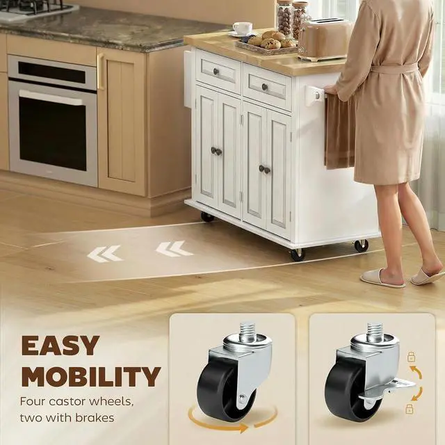 Alt view image 6 of 7 - Kitchen Island Cart with Solid Wood Top, 44" Mobile on Wheels White | Kitchen Island Table, Storage Cabinets, 2 Drawers, Adjustable Shelves, Spice Rack, Towel Bar, Dining Room