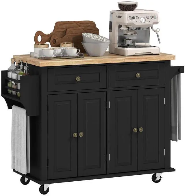 Main image of Kitchen Island Cart with Solid Wood Top, 44" Mobile on Wheels, Black | Kitchen Island Table, Storage Cabinets, 2 Drawers, Adjustable Shelves, Spice Rack, Towel Bar, Dining Room