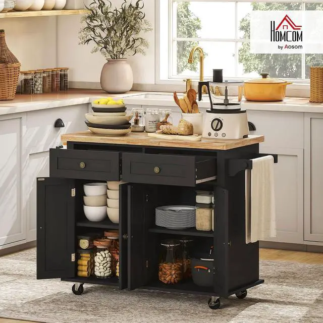 Alt view image 2 of 7 - Kitchen Island Cart with Solid Wood Top, 44" Mobile on Wheels, Black | Kitchen Island Table, Storage Cabinets, 2 Drawers, Adjustable Shelves, Spice Rack, Towel Bar, Dining Room